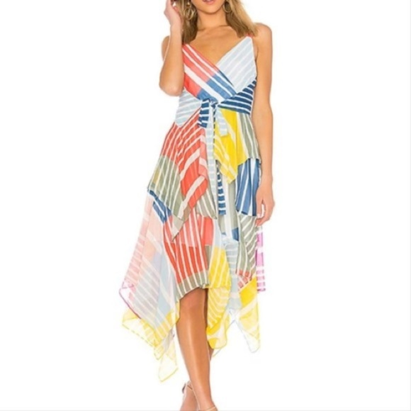 Tanya Taylor Goldie Striped Colorblock Patchwork V-Neck Handkerchief Midi Dress - Picture 1 of 14
